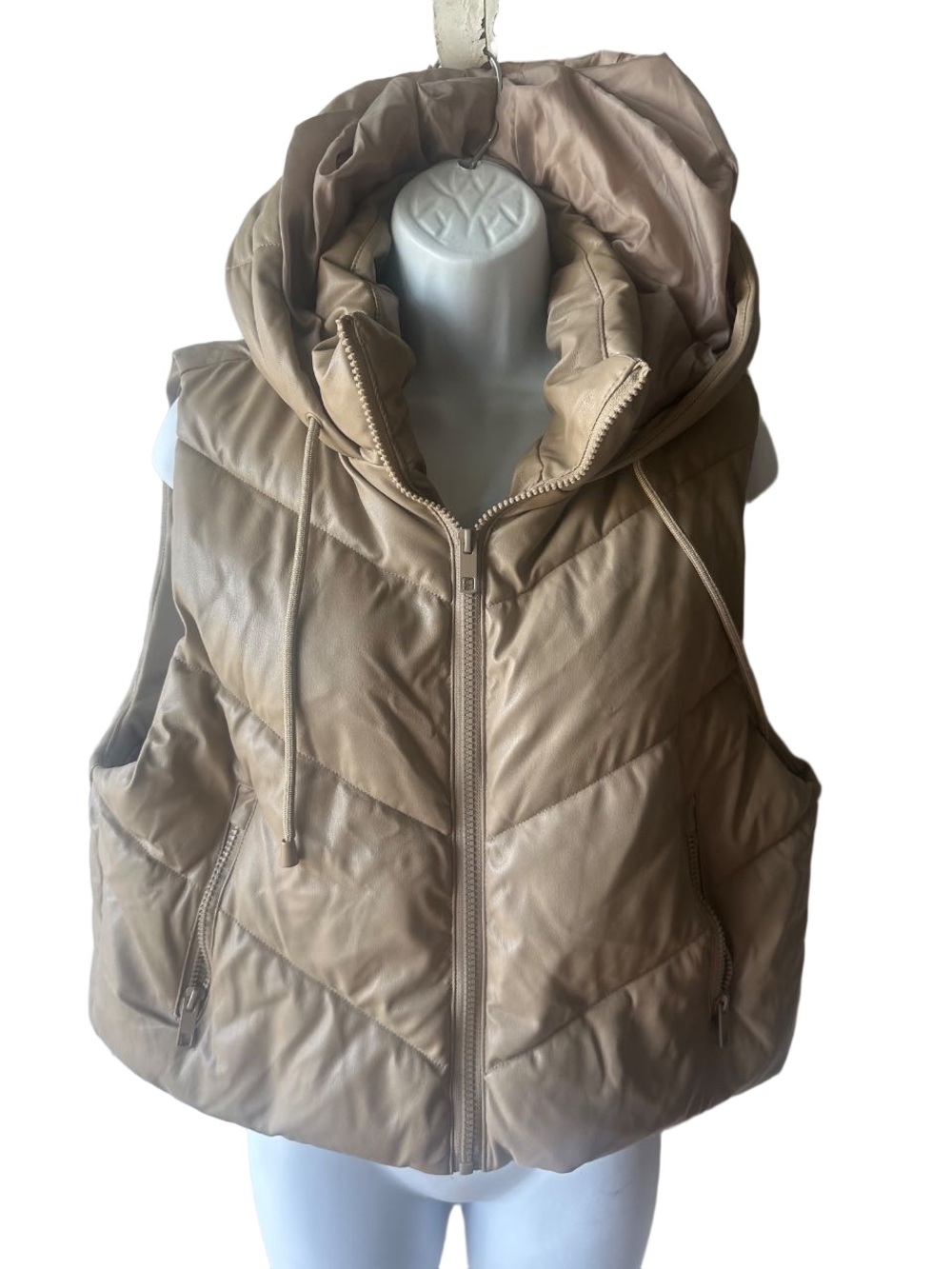 Love Tree Taupe Faux Leather Hooded Puffer Vest L Chevron Quilted Cozy Chic
